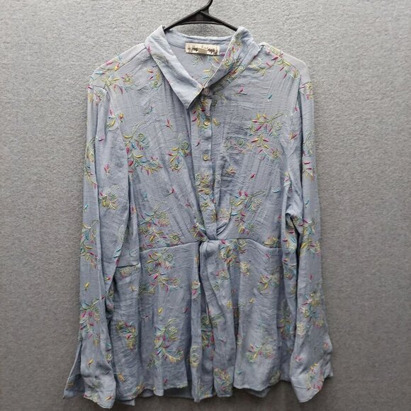 Hope Springs XXL Womens Button-Down Blouse With Floral Embroidery - Picture 1 of 3